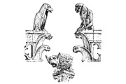 set of Gargoyles Chimera of Notre-Dame de Paris, engraved, hand drawn vector illustration with gothic guardians include architectual elements, vintage statue medieval