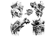 set of Gargoyles Chimera of Notre-Dame de Paris, engraved, hand drawn vector illustration with gothic guardians include architectual elements, vintage statue medieval