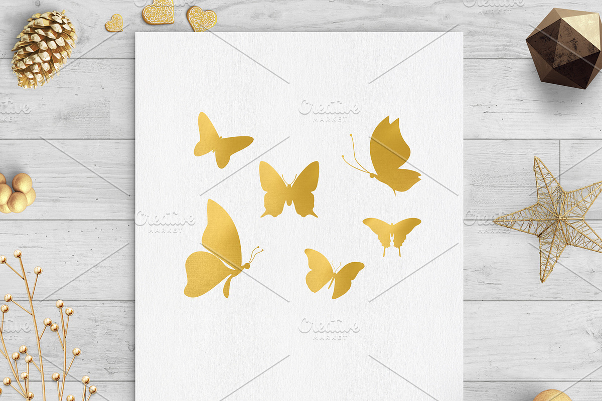 Gold foil butterflies clip art in Illustrations - product preview 8