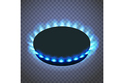 Isometric gas burner or hob on a transparent background. Vector Blue flame.