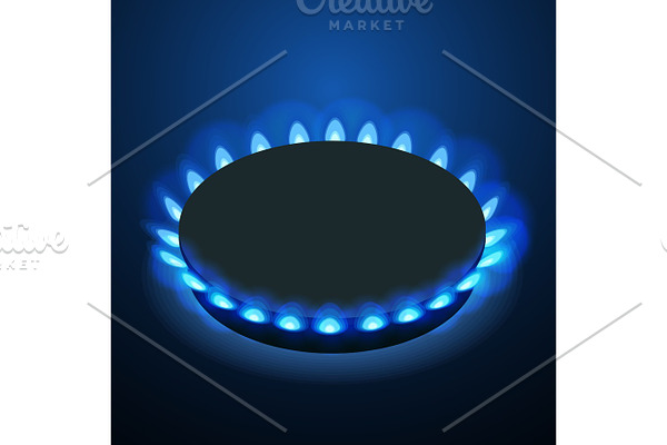 Isometric gas burner or hob on a black background. Vector Blue flame.