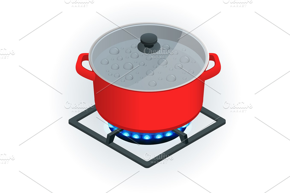 Isometric A pot on a gas cooker on a white background. Vector Blue flame. in Illustrations - product preview 8