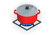 Isometric A pot on a gas cooker on a white background. Vector Blue flame.