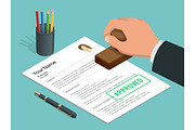 Approved stamp in hand businessman and Approved document with stamp, pen. Isometric Vector illustration.