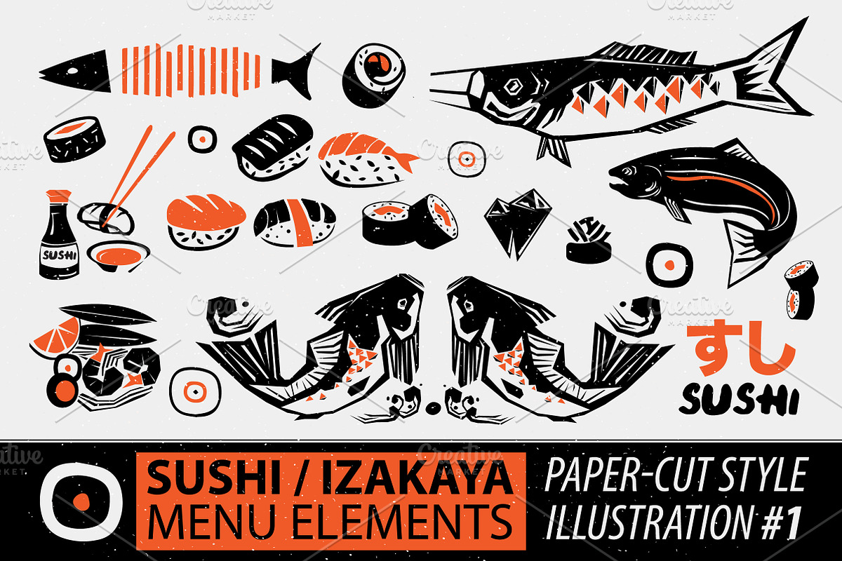 Papercut Style Sushi Elements in Illustrations - product preview 8