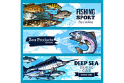 Vector banners of fishing club or sea fish product