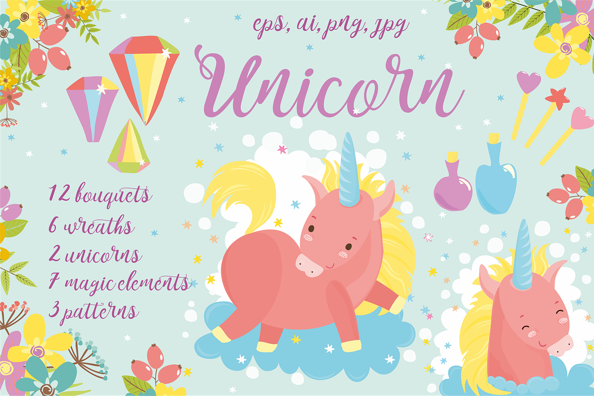 Magic Unicorns pattern and flowers in Illustrations - product preview 8