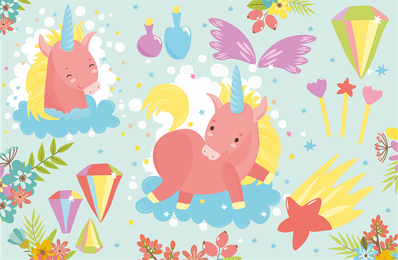 Magic Unicorns pattern and flowers in Illustrations - product preview 2