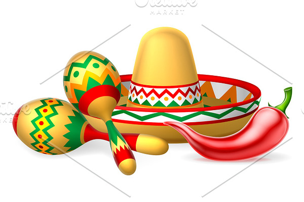 Mexican Sombrero Maracas and Chilli Pepper