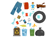 Recycling garbage elements trash bags tires management industry utilize concept and waste ecology can bottle recycling disposal box vector illustration.