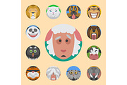 Cute animals emotions icons isolated fun set face happy character emoji comic adorable pet and expression smile collection wild avatar vector illustration.