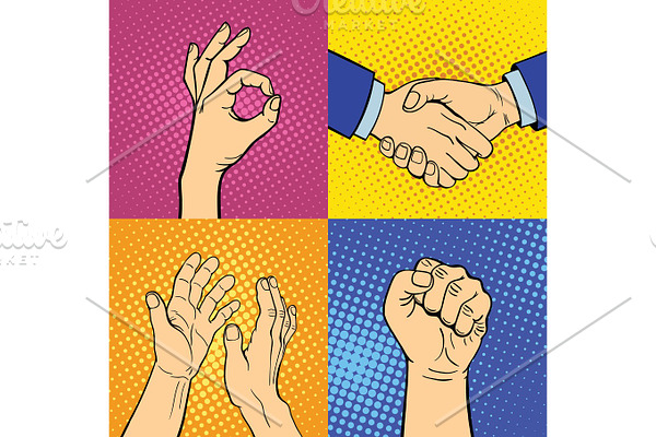 Hands showing deaf-mute different gestures human arm hold communication and direction design fist touch pop art style colorful vector illusstration.
