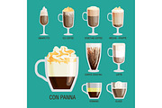 Set of different transparent cups of coffee types mug with foam beverage and breakfast morning sign tasty aromatic glass assortment vector illustration.