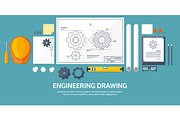 Vector illustration. Engineering and architecture. Drawing, construction.  Architectural project. Design, sketching. Workspace with tools. Planning, building. 