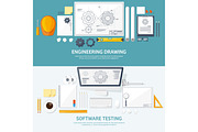 Vector illustration. Engineering and architecture. Notebook, computer . Drawing, construction.  Architectural project. Design, sketching. Workspace with tools. Planning, building. 