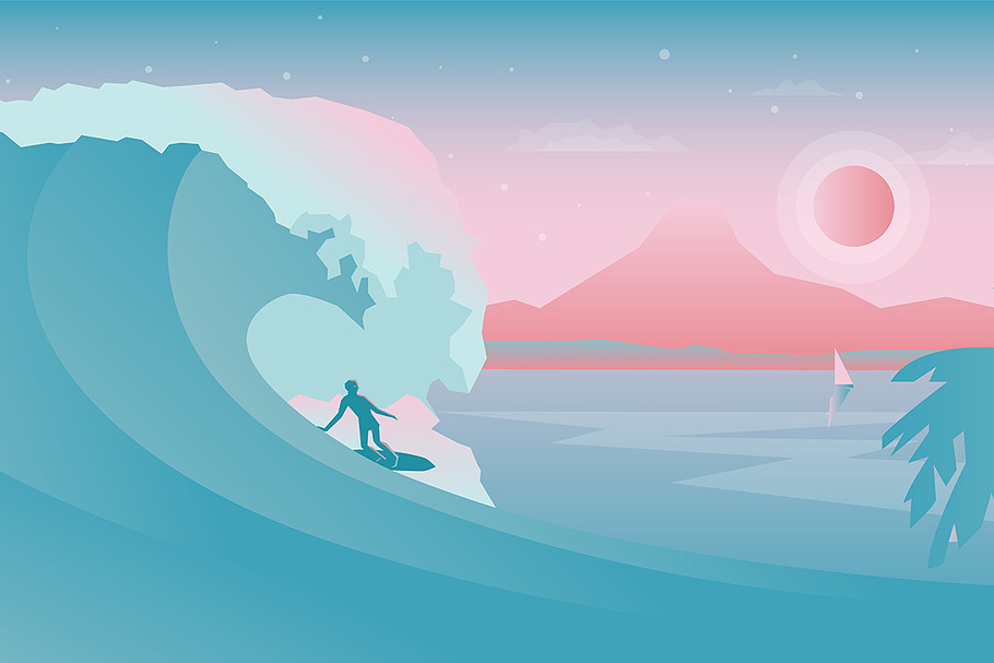 Vector landscape with surfer