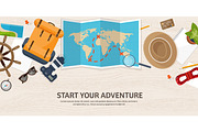 Travel and tourism. Flat style. World, earth map. Globe. Trip, tour, journey, summer holidays. Travelling,exploring worldwide. Adventure,expedition. Table, workplace. Traveler. Navigation or route planning. Wood, wooden.
