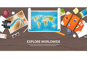Travel and tourism. Flat style. World, earth map. Globe. Trip, tour, journey, summer holidays. Travelling,exploring worldwide. Adventure,expedition. Table, workplace. Traveler. Navigation or route planning. Wood, wooden.