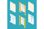 Isometric windows, curtains, drapery, shades, blinds. Vector collection of various window treatments