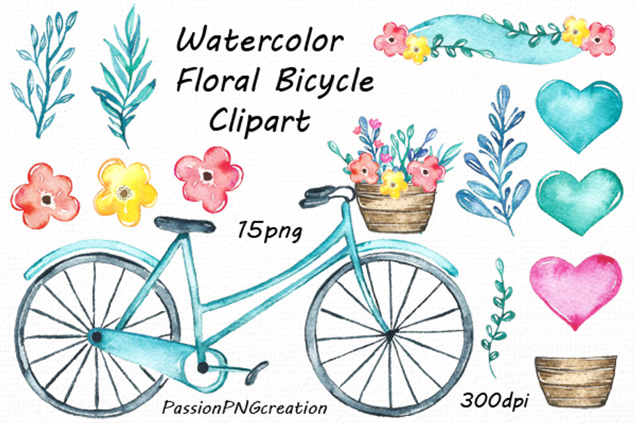 Watercolor Floral Bicycle Clipart