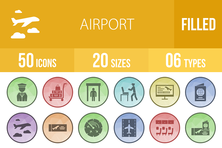 50 Airport Filled Low Poly B/G Icons