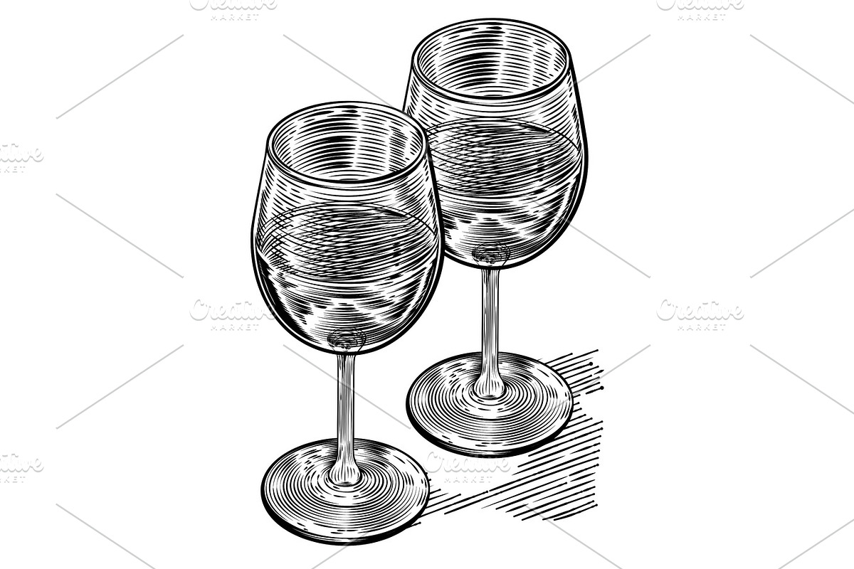 Vinatge Woodblock Style Wine Glasses in Illustrations - product preview 8