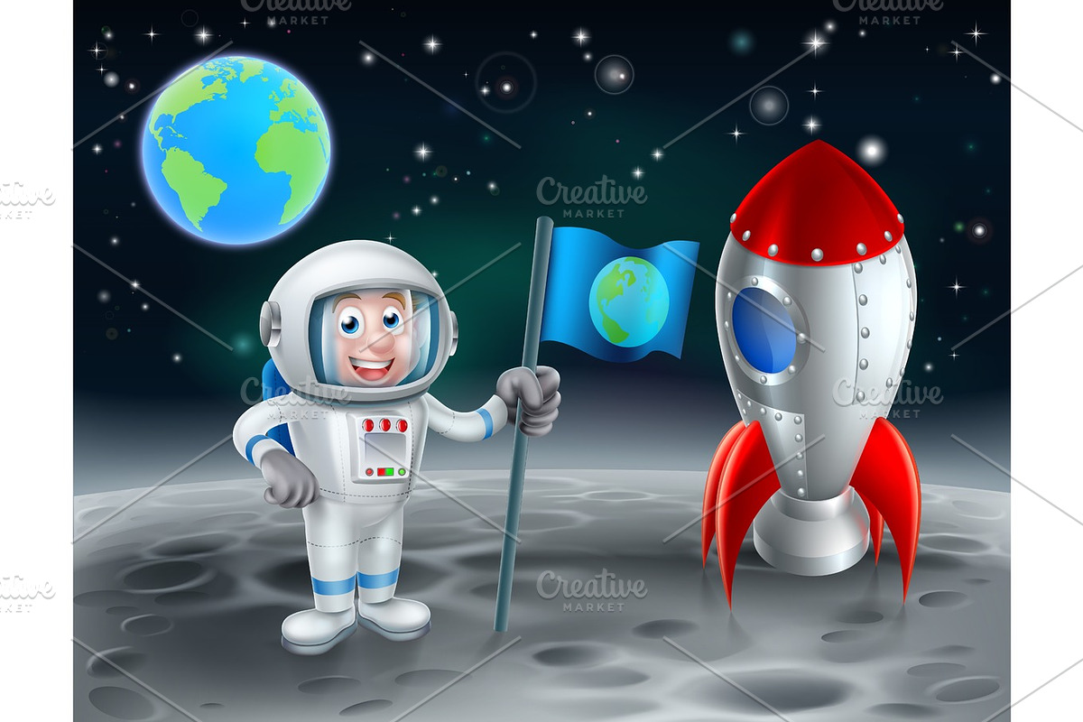 Cartoon Astronaut and Rocket on the Moon in Illustrations - product preview 8