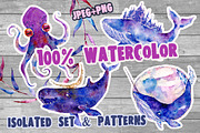 Watercolor patterns.Whale & cristall