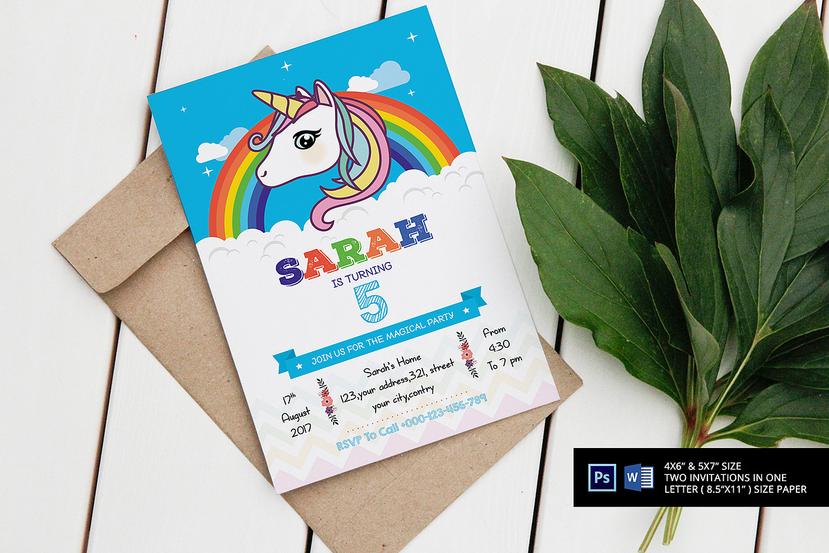 Unicorn Birthday Party Invitation in Card Templates - product preview 8