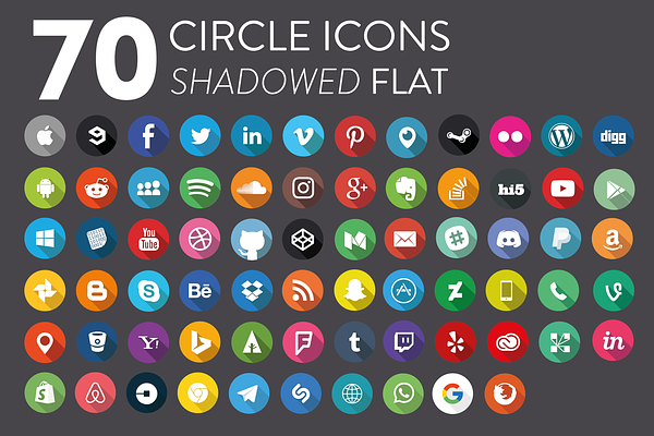 70 Flat Shadowed Social Media Icons