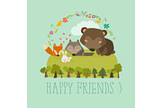 Happy friends in the forest. Bear,fox,rabbit wolf