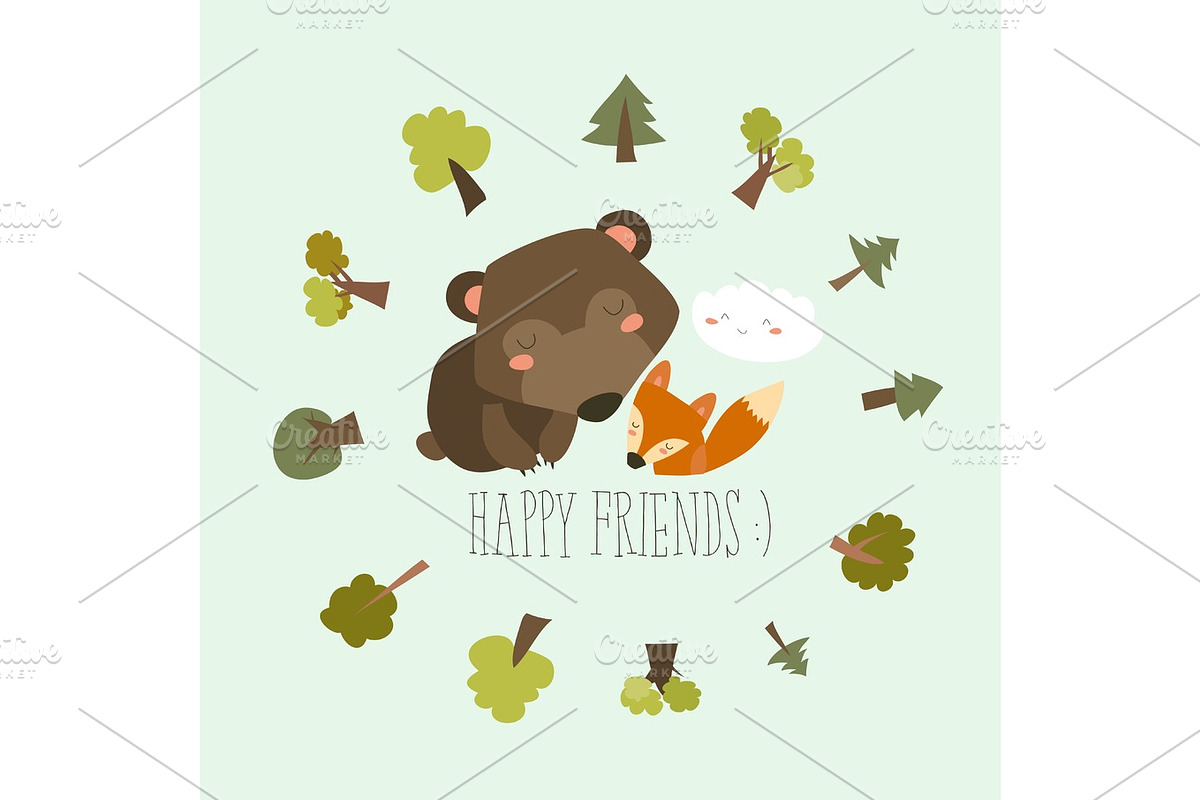 Happy friends in the forest. Bear,fox in Illustrations - product preview 8
