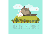 Happy friends in the forest. Wolf,rabbit