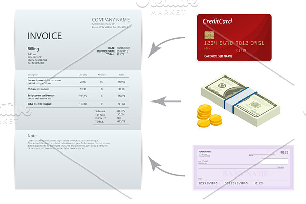 Isometric single Invoice, Bank check, cash and credit cards. Payment and billing invoices, business or financial operations sign. Vector concept for services rendered.