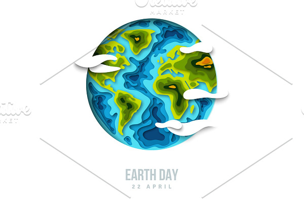 Earth planet with clouds, 3d paper cut design