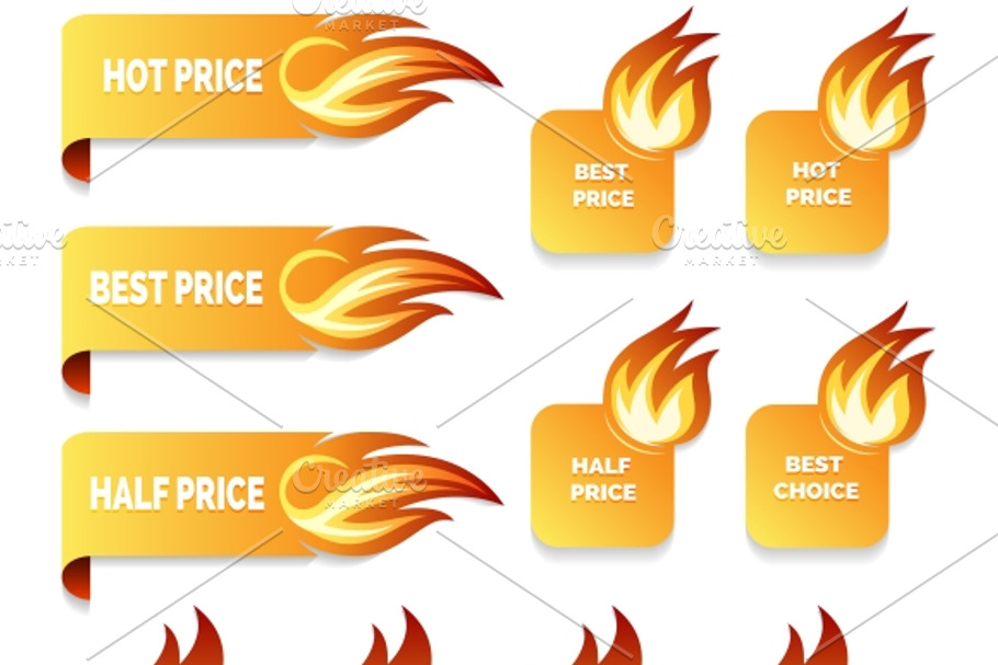gold price and sale icons with flame