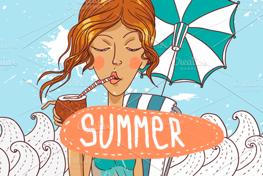 Summer girl with coconut cocktail in Illustrations - product preview 8