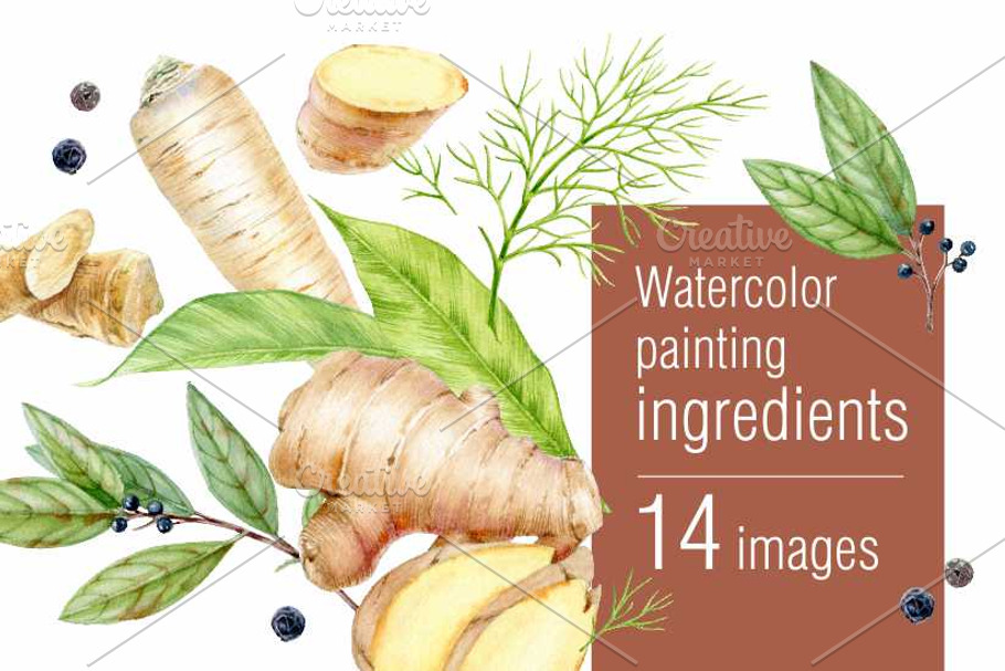 Watercolor ingredients in Illustrations - product preview 8