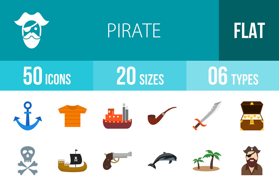50 Pirate Flat Multicolor Icons