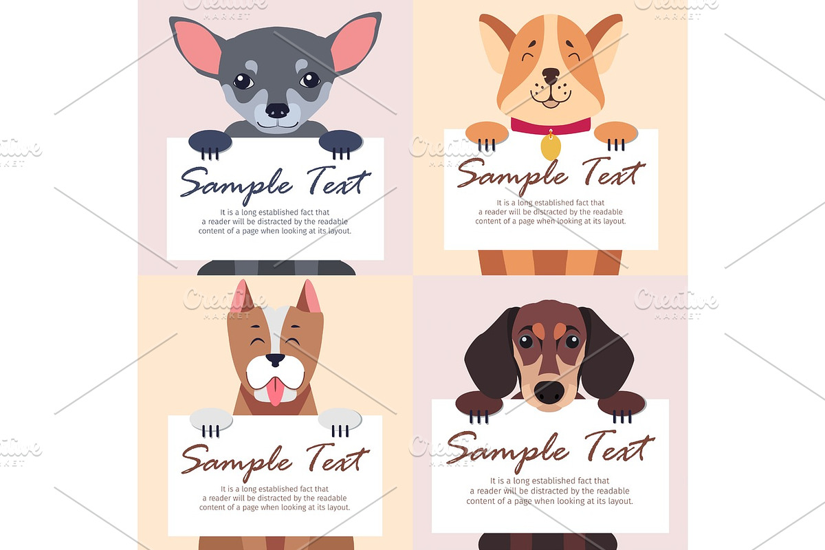 Four Purebred Dogs Holds White Cards for Text in Illustrations - product preview 8