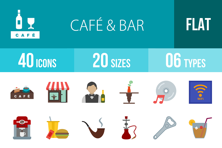 40 Cafe & Bar Flat Multicolor Icons