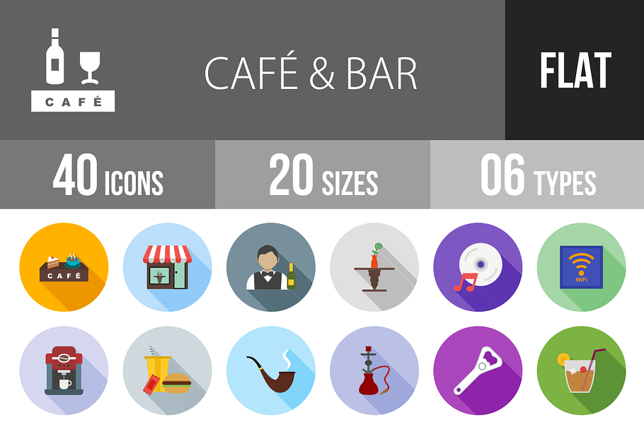 40 Cafe & Bar Flat Shadowed Icons in Graphics - product preview 8