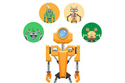 Yellow Robot with Retractable Round Eye Four Icons