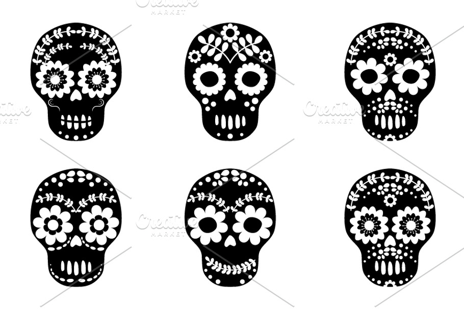 Black and white floral skull clipart in Illustrations - product preview 8