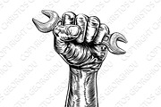 Propaganda Woodcut Fist Hand Holding Spanner