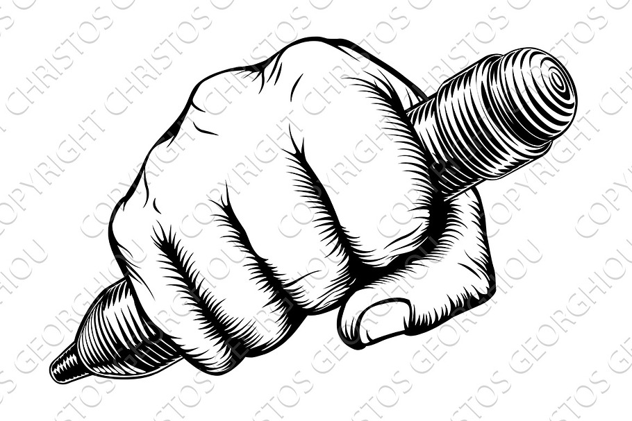 Woodcut Fist Hand Holding Pencil in Illustrations - product preview 8