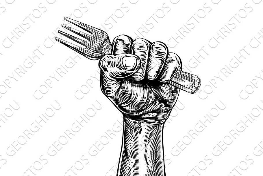 Propaganda Woodcut Fist Hand Holding Fork in Illustrations - product preview 8