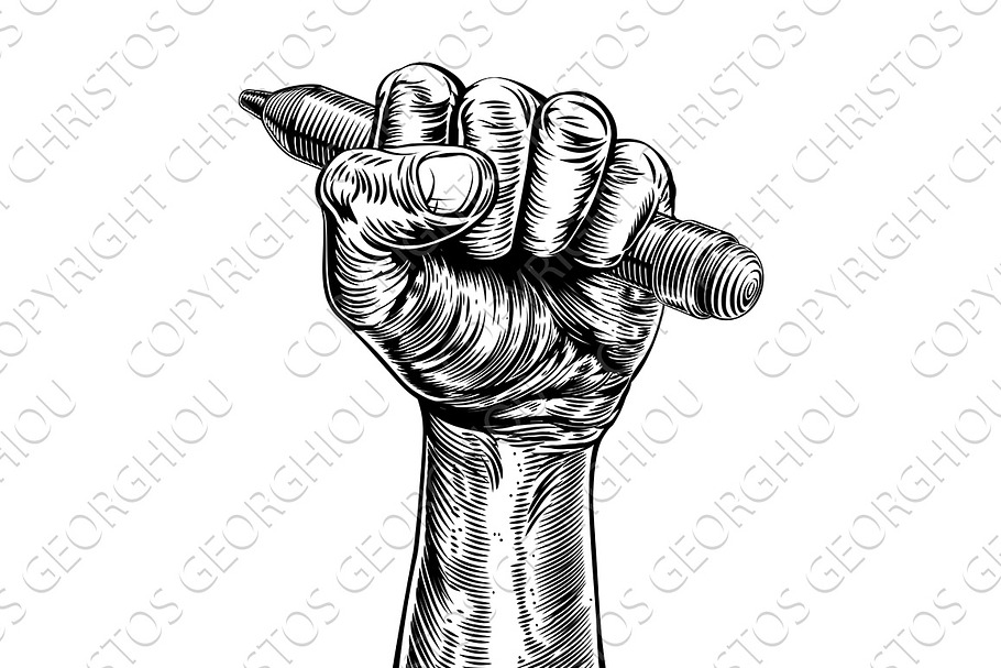 Propaganda Woodcut Fist Hand Holding Pencil in Illustrations - product preview 8