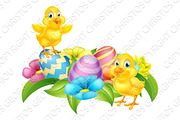 Cartoon Chicks and Easter Eggs