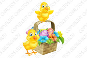 Cartoon Chicks and Easter Eggs Basket